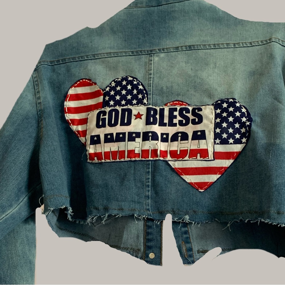 Upcycled Denim Jean Jacket with American Flag Design